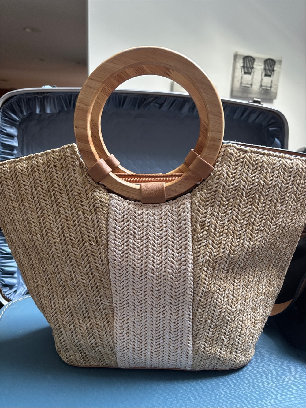Woven Straw Tote Bag with Wooden Ring Handles - Tan/Cream